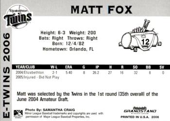 2006 Grandstand Elizabethton Twins #11 Matt Fox Back