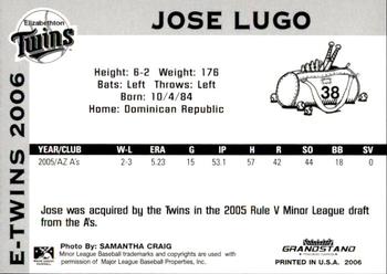 2006 Grandstand Elizabethton Twins #23 Jose Lugo Back