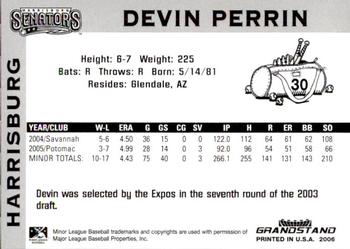2006 Grandstand Harrisburg Senators #16 Devin Perrin Back