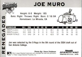 2006 Grandstand Hudson Valley Renegades #NNO Joe Muro Back