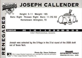 2006 Grandstand Hudson Valley Renegades #NNO Joseph Callender Back