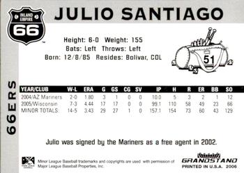 2006 Grandstand Inland Empire 66ers #12 Julio Santiago Back