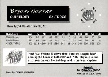 2006 Grandstand Lincoln Saltdogs #2 Bryan Warner Back