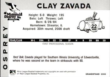 2006 Grandstand Missoula Osprey #27 Clay Zavada Back