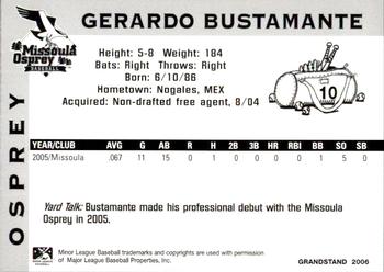 2006 Grandstand Missoula Osprey #30 Gerardo Bustamante Back
