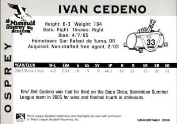 2006 Grandstand Missoula Osprey #32 Ivan Cedeno Back
