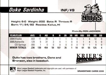 2006 Grandstand Modesto Nuts #10 Duke Sardinha Back