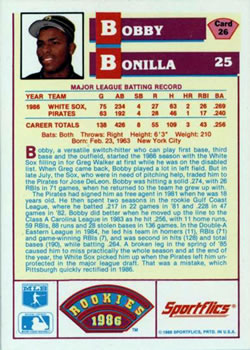 1986 Sportflics Rookies #26 Bobby Bonilla Back