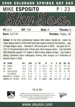 2006 MultiAd Colorado Springs Sky Sox #10 Mike Esposito Back