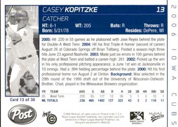 2006 MultiAd Iowa Cubs #13 Casey Kopitzke Back