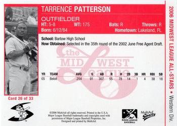 2006 MultiAd Midwest League All-Stars Western Division #26 Tarrence Patterson Back