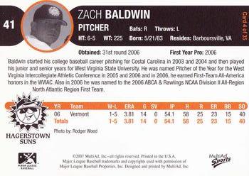 2007 MultiAd Hagerstown Suns #4 Zach Baldwin Back