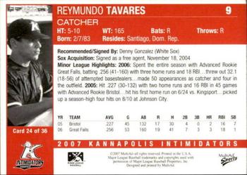 2007 MultiAd Kannapolis Intimidators #24 Reymundo Tavares Back