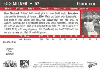 2007 MultiAd Lakewood BlueClaws #26 Gus Milner Back