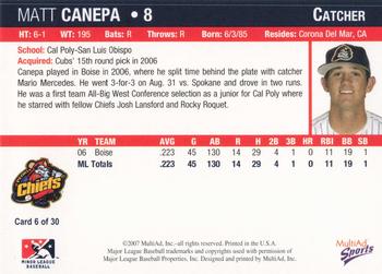 2007 MultiAd Peoria Chiefs #6 Matt Canepa Back