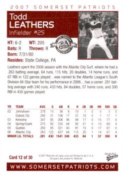 2007 MultiAd Somerset Patriots #12 Todd Leathers Back