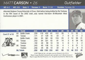2007 MultiAd Trenton Thunder #27 Matt Carson Back
