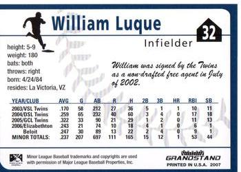 2007 Grandstand Beloit Snappers #NNO William Luque Back