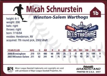 2007 Grandstand Carolina League All-Stars #NNO Micah Schnurstein Back