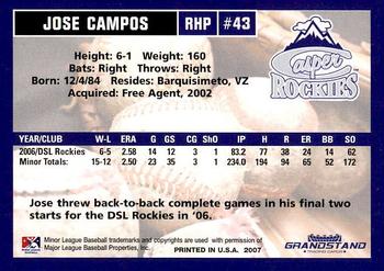 2007 Grandstand Casper Rockies #NNO Jose Campos Back