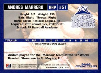 2007 Grandstand Casper Rockies #NNO Andres Marrero Back