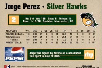 2007 Grandstand South Bend Silver Hawks #22 Jorge Perez Back