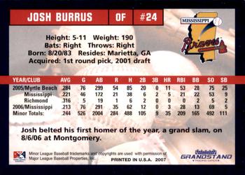 2007 Grandstand Mississippi Braves #NNO Josh Burrus Back