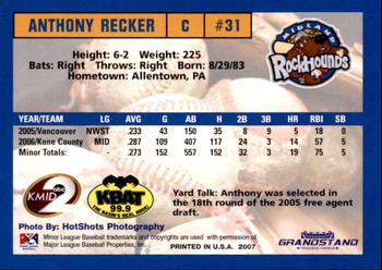 2007 Grandstand Midland RockHounds #25 Anthony Recker Back