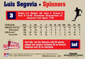2007 Grandstand Lowell Spinners #NNO Luis Segovia Back