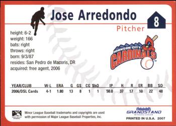 2007 Grandstand Johnson City Cardinals #NNO Jose Arredondo Back