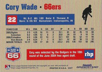 2007 Grandstand Inland Empire 66ers #NNO Cory Wade Back
