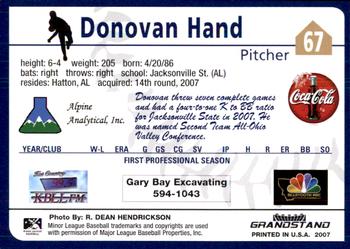 2007 Grandstand Helena Brewers #NNO Donovan Hand Back
