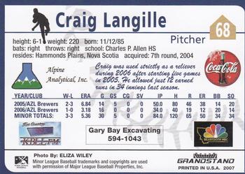 2007 Grandstand Helena Brewers #NNO Craig Langille Back