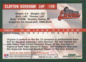 2007 Grandstand Great Lakes Loons #NNO Clayton Kershaw Back
