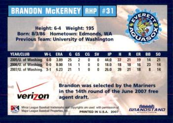 2007 Grandstand Everett AquaSox #18 Brandon McKerney Back