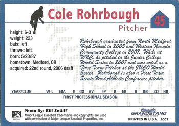2007 Grandstand Danville Braves #36 Cole Rohrbough Back