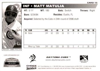 2007 Choice Daytona Cubs #13 Matt Matulia Back
