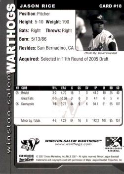 2007 Choice Winston-Salem Warthogs #18 Jason Rice Back
