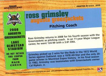 2008 Grandstand Augusta GreenJackets #NNO Ross Grimsley Back