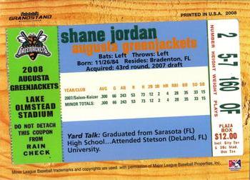 2008 Grandstand Augusta GreenJackets #NNO Shane Jordan Back