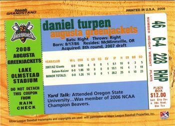 2008 Grandstand Augusta GreenJackets #NNO Daniel Turpen Back