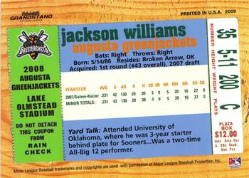 2008 Grandstand Augusta GreenJackets #NNO Jackson Williams Back
