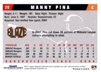 2008 Grandstand Bakersfield Blaze #NNO Manny Pina Back