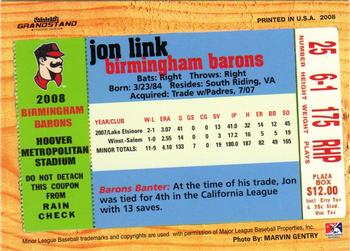 2008 Grandstand Birmingham Barons #NNO Jon Link Back