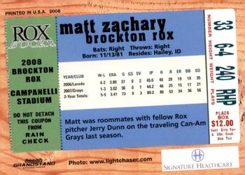 2008 Grandstand Brockton Rox #NNO Matt Zachary Back