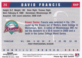 2008 Grandstand Danville Braves #20 David Francis Back