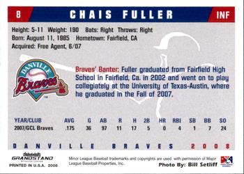 2008 Grandstand Danville Braves #8 Chais Fuller Back