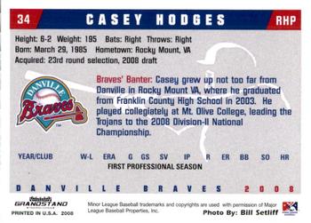 2008 Grandstand Danville Braves #13 Casey Hodges Back
