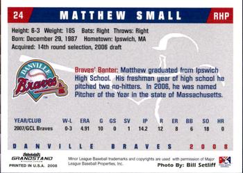 2008 Grandstand Danville Braves #30 Matthew Small Back