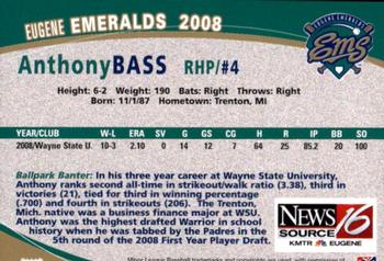 2008 Grandstand Eugene Emeralds #NNO Anthony Bass Back